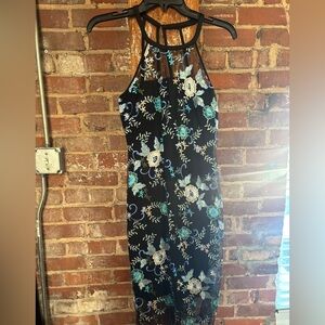 Guess Black Midi Dress Size 4 W/Floral Embroidery Racer Back Neckline